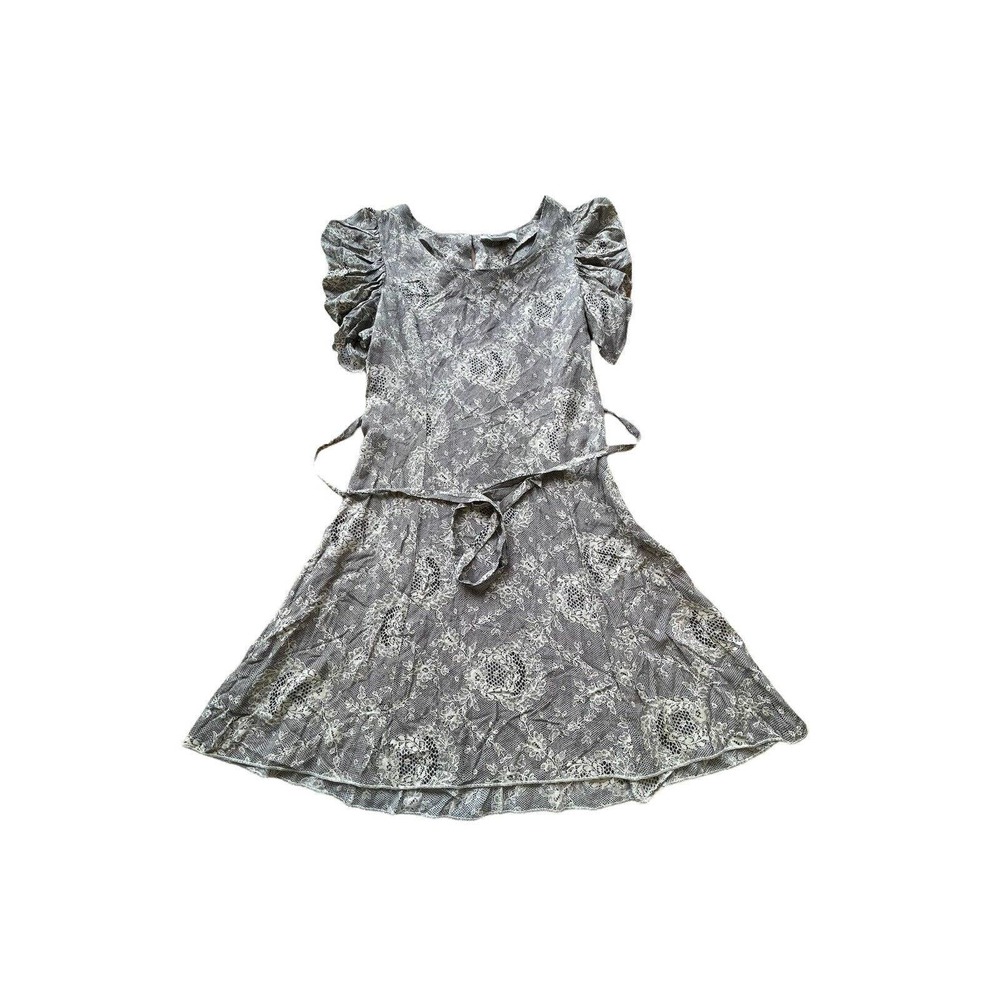 *Swoon Gray White Vintage Lace Fit & Flare Belted Dress Poof Sleeve Small